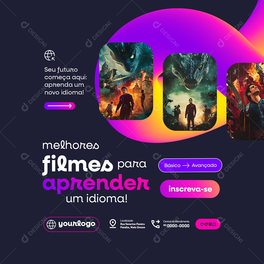 Escola de Idiomas Melhores Filmes para Aprender um Idioma Social Media PSD Editável