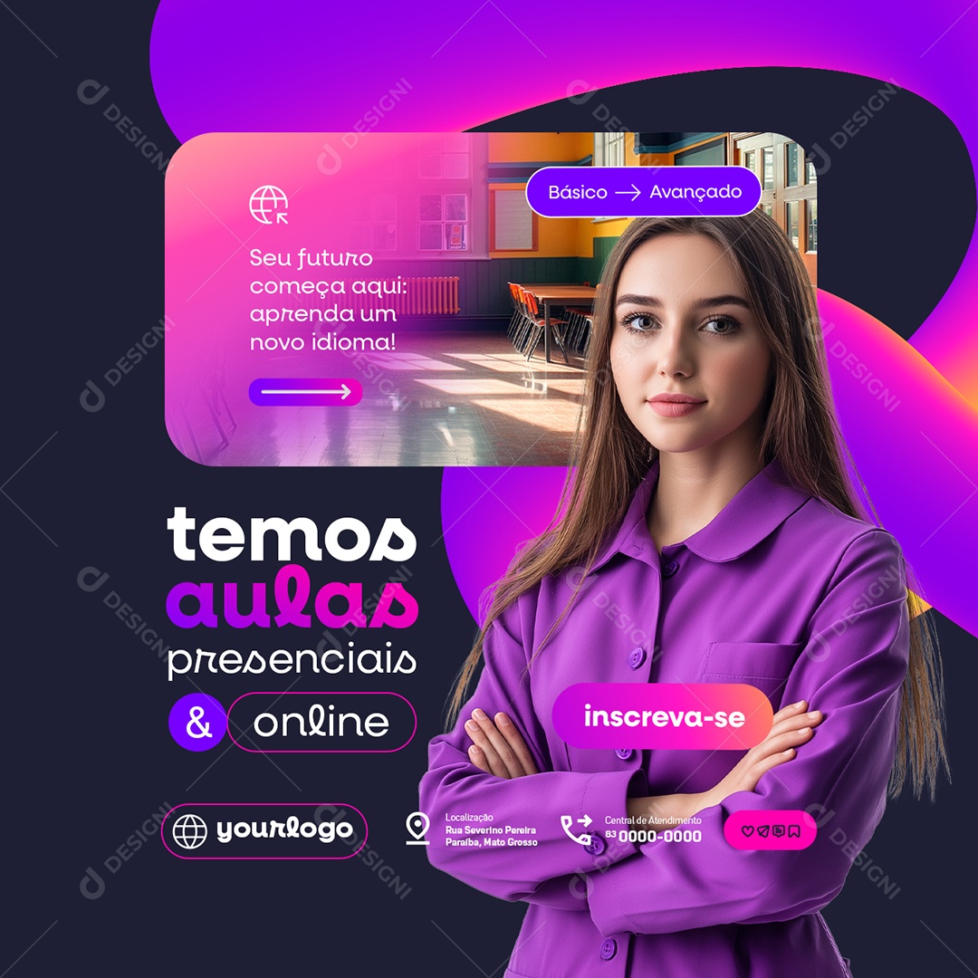 Escola de Idiomas Temos Aulas Presenciais Social Media PSD Editável