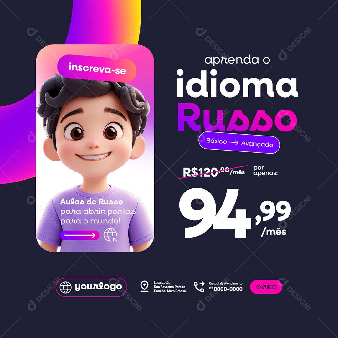 Escola de Idiomas Idioma Russo Social Media PSD Editável