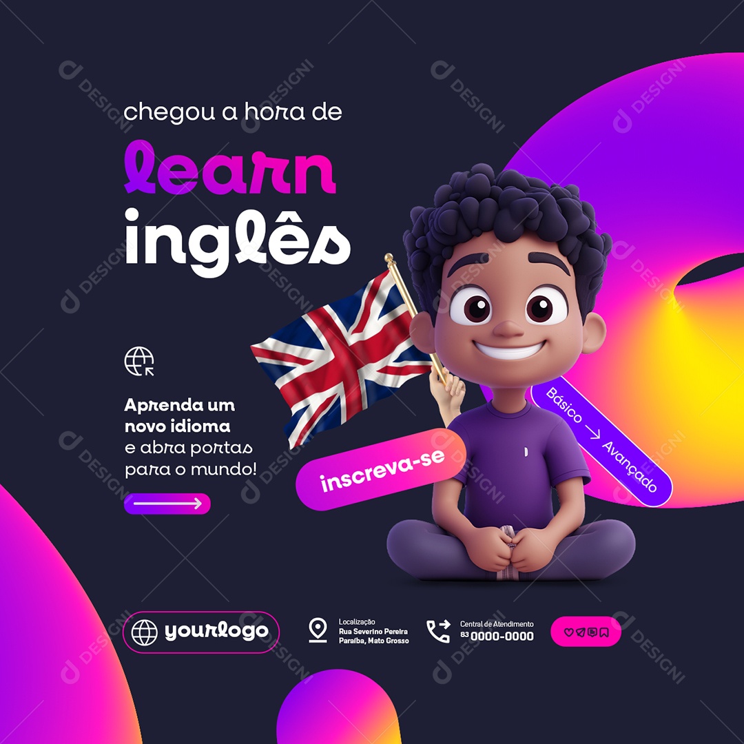 Escola de Idiomas Learn Inglês Social Media PSD Editável