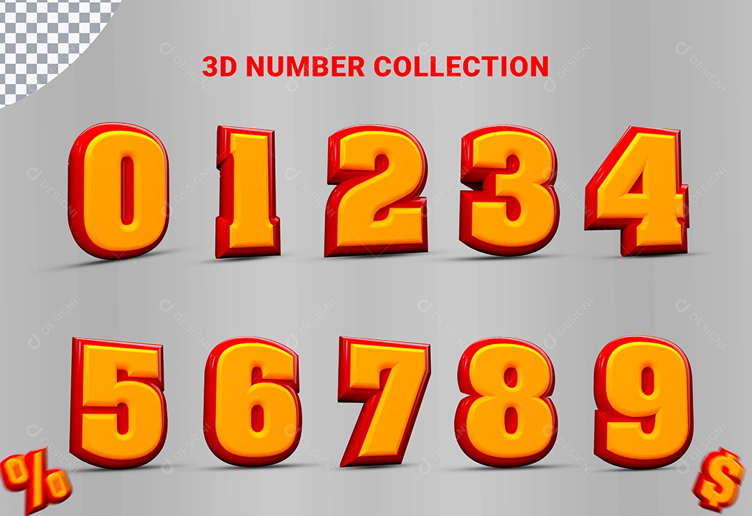 Conjunto de Números Amarelo E Vermelho 0 à 9 Cifrões Dinheiro PSD Para Composição