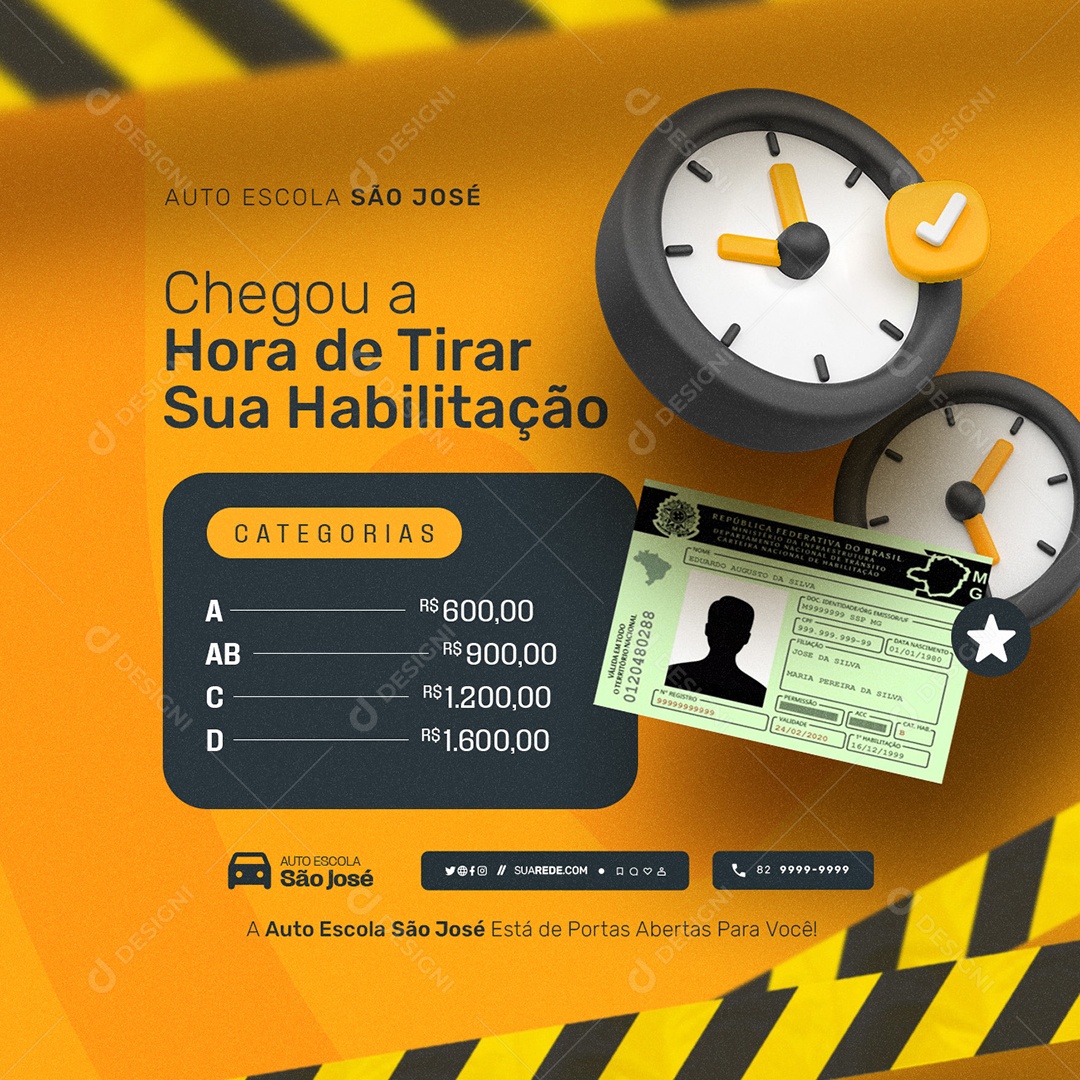 Auto Escola Chegou a Hora de Tirar sua Habilitação Social Media PSD Editável