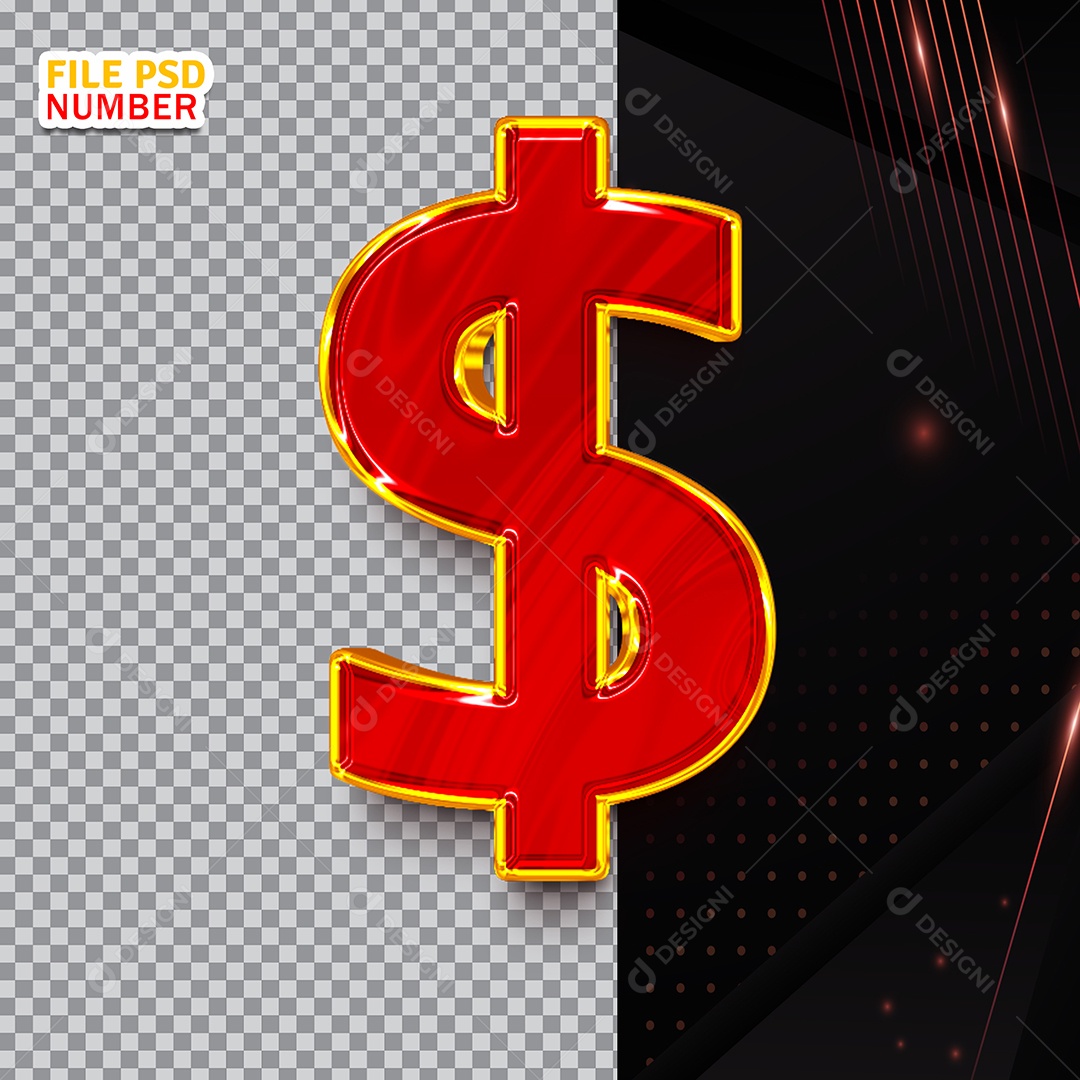 Símbolo Cifrão Elemento 3D Vermelho  para Composição PSD