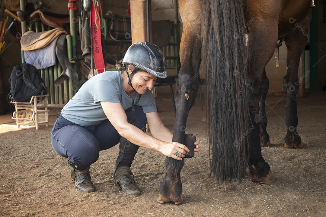 Mulher cuidando do seu animal colocando baixa na perna