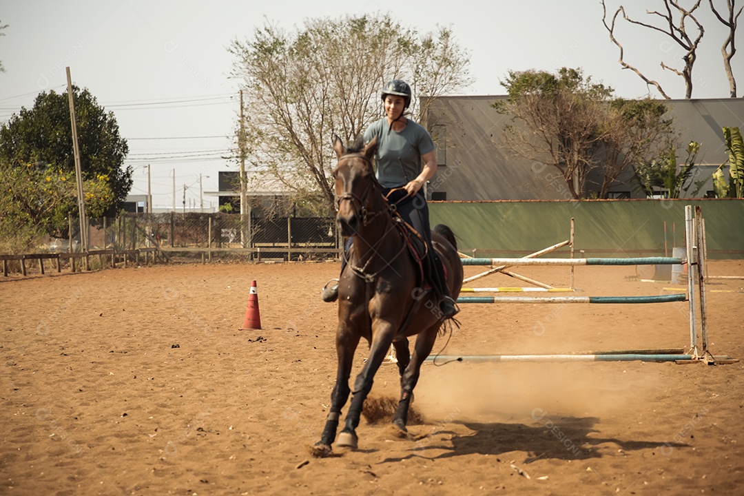 Amazona em um dia de treino de hipismo