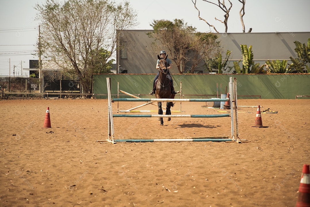 Mulher em treino de hipismo com obstáculos