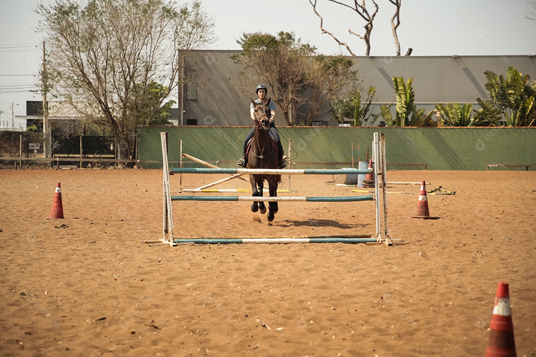 Mulher treinando hipismo com obstáculos