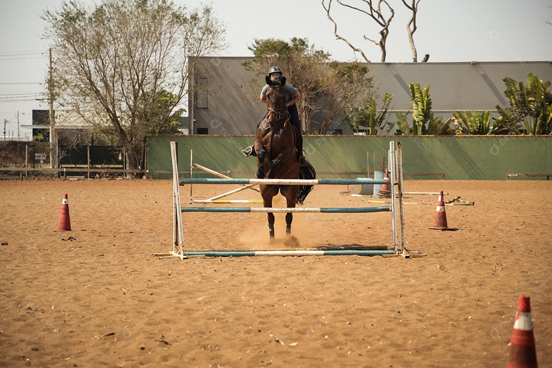 Mulher no seu treino de hipismo