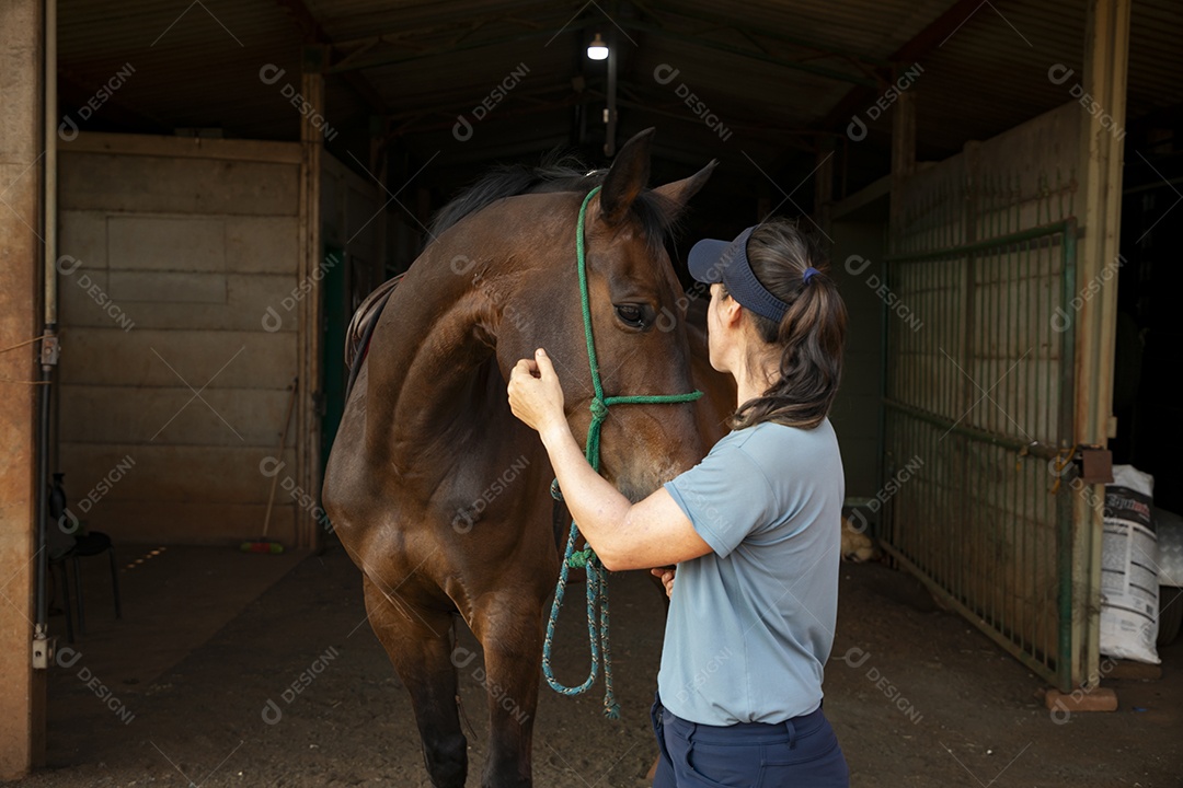Mulher amazona com seu cavalo de treino