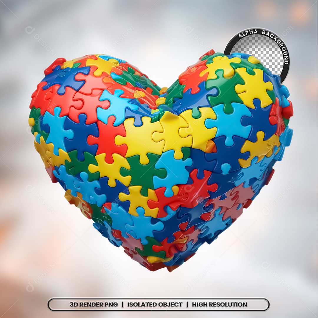 Elemento 3D Coração Autismo para Composição PSD