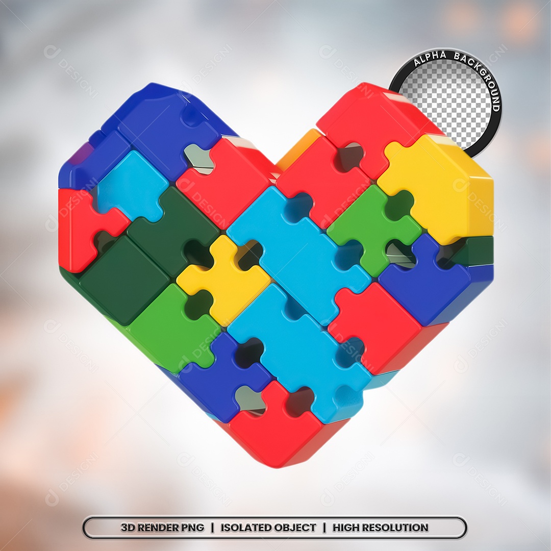 Elemento 3D Coração Autismo para Composição PSD