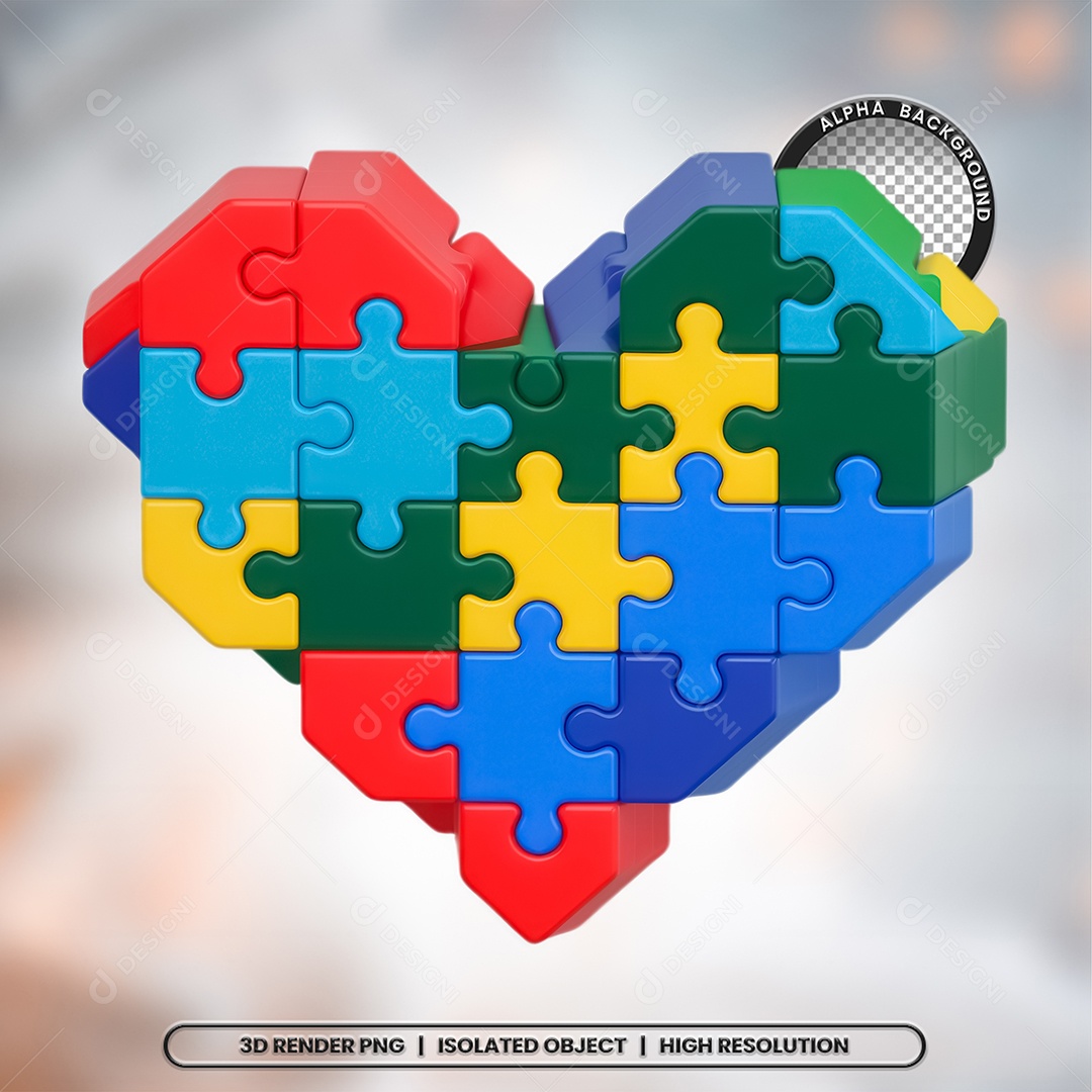 Elemento 3D Coração Autismo para Composição PSD
