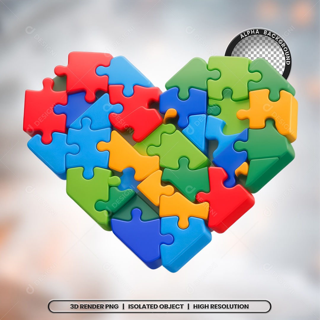 Elemento 3D Coração Autismo para Composição PSD