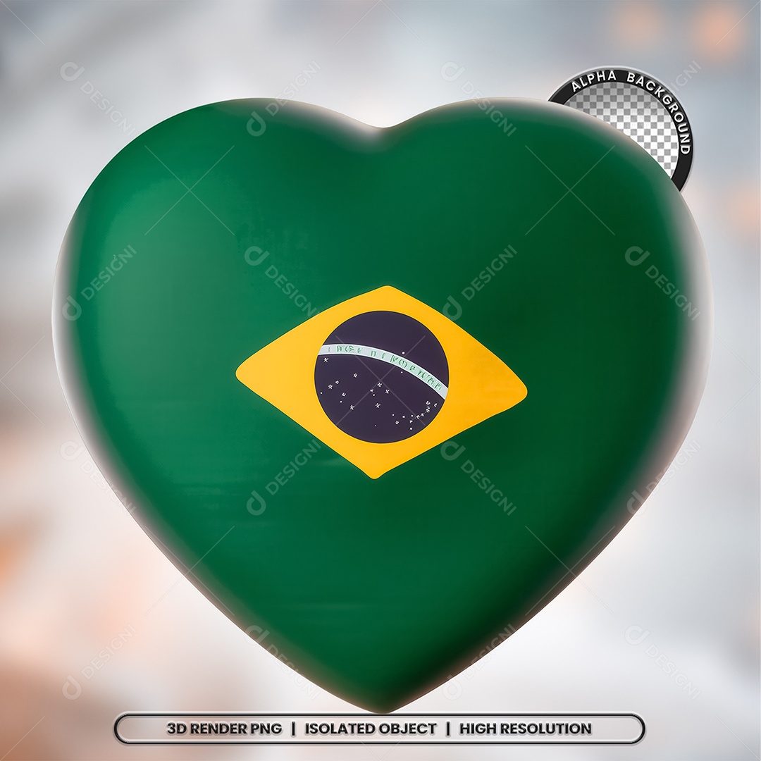Elemento 3D Coração Bandeira do Brasil para Composição PSD