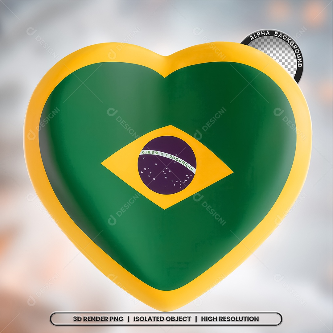 Elemento 3D Coração Bandeira do Brasil para Composição PSD