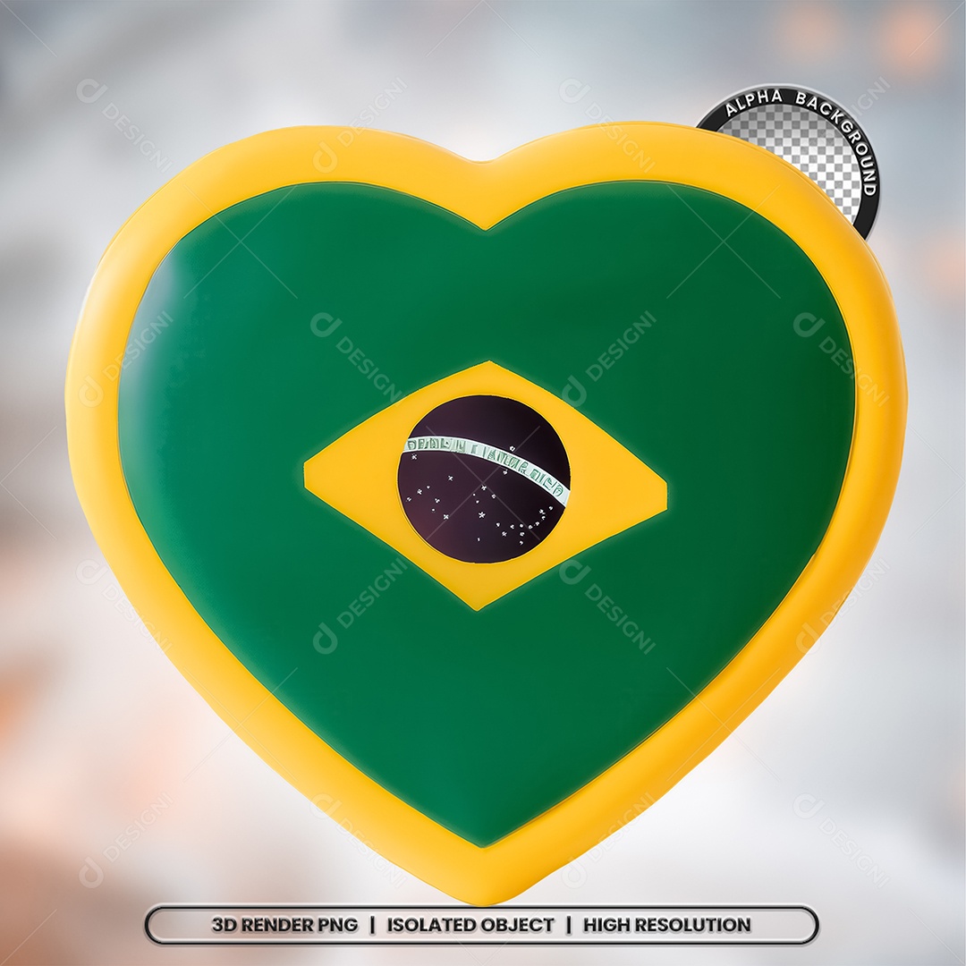 Elemento 3D Coração Bandeira do Brasil para Composição PSD