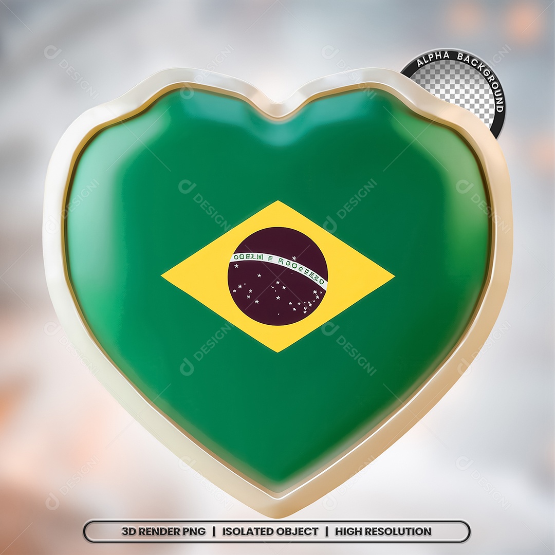 Elemento 3D Coração Bandeira do Brasil para Composição PSD