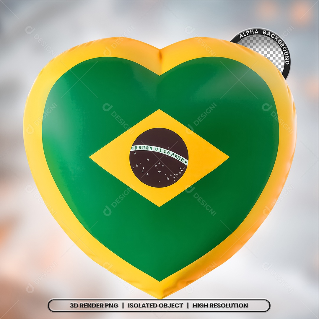 Elemento 3D Coração Bandeira do Brasil para Composição PSD