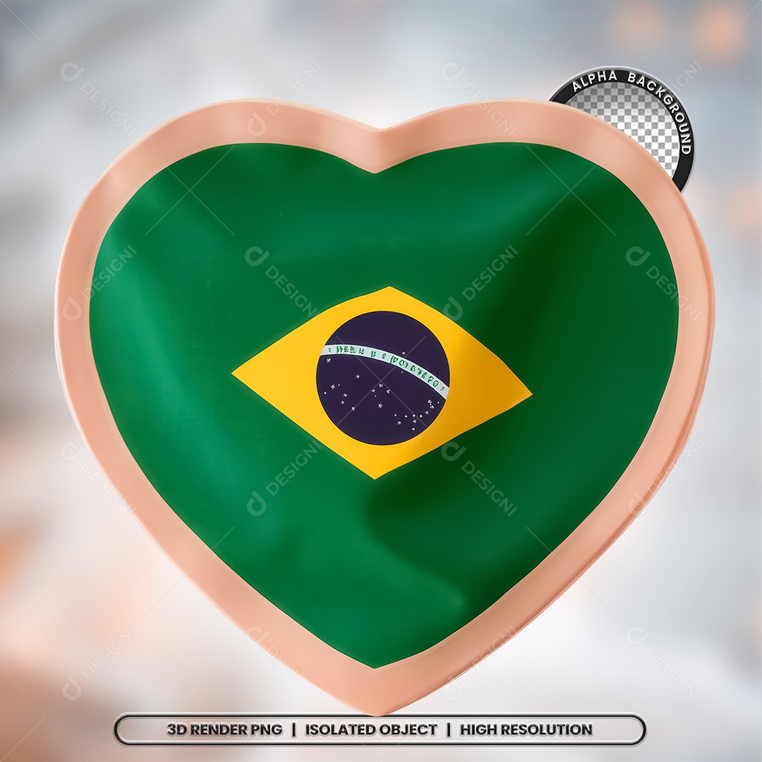 Elemento 3D Coração Bandeira do Brasil para Composição PSD