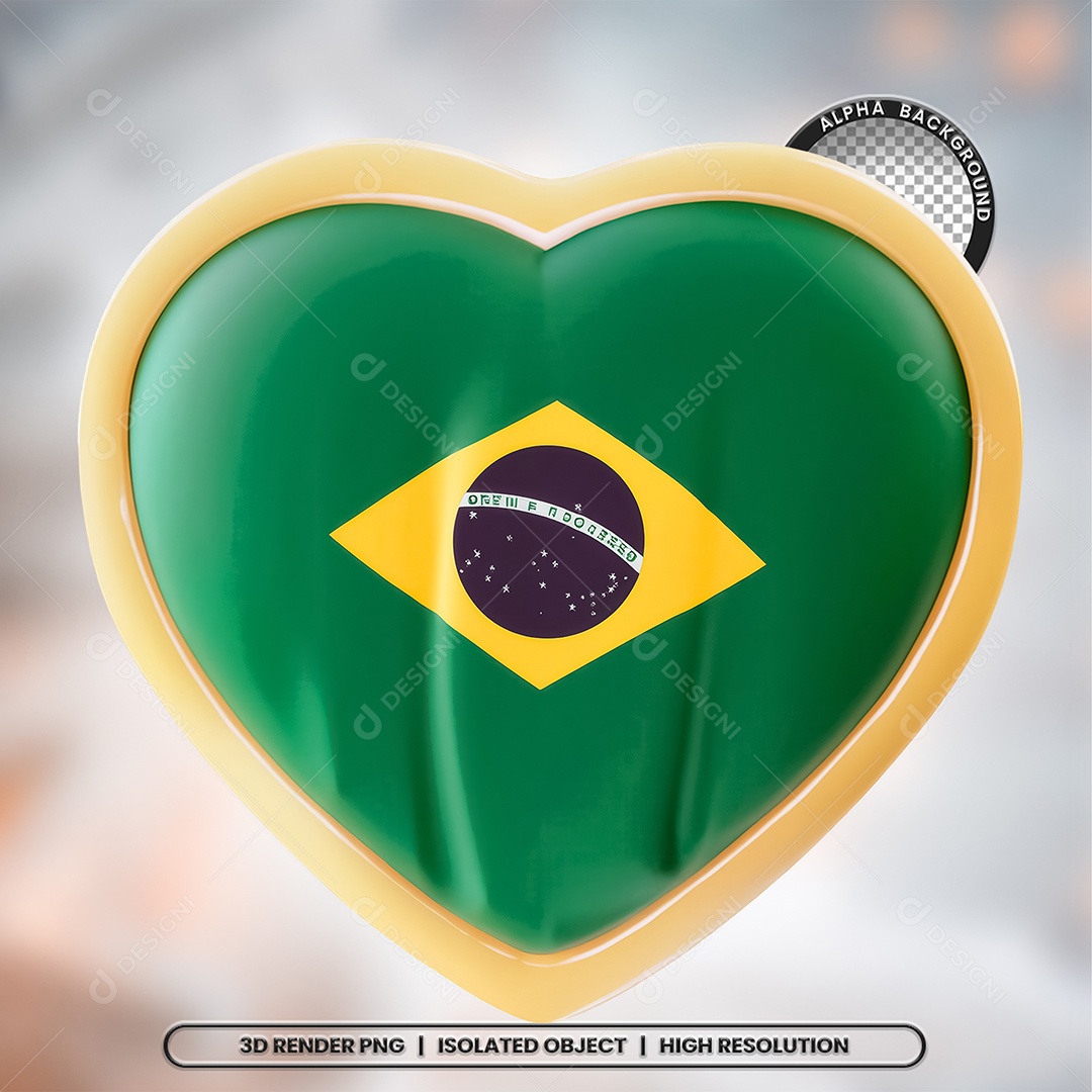 Elemento 3D Coração Bandeira do Brasil para Composição PSD