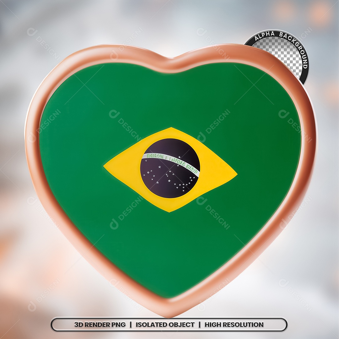 Elemento 3D Coração Bandeira do Brasil para Composição PSD