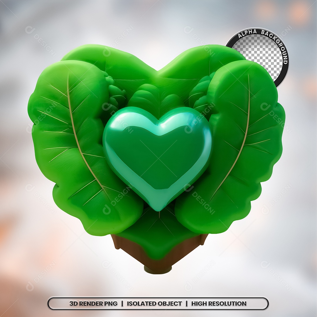 Elemento 3D Coração Com Folhas para Composição PSD