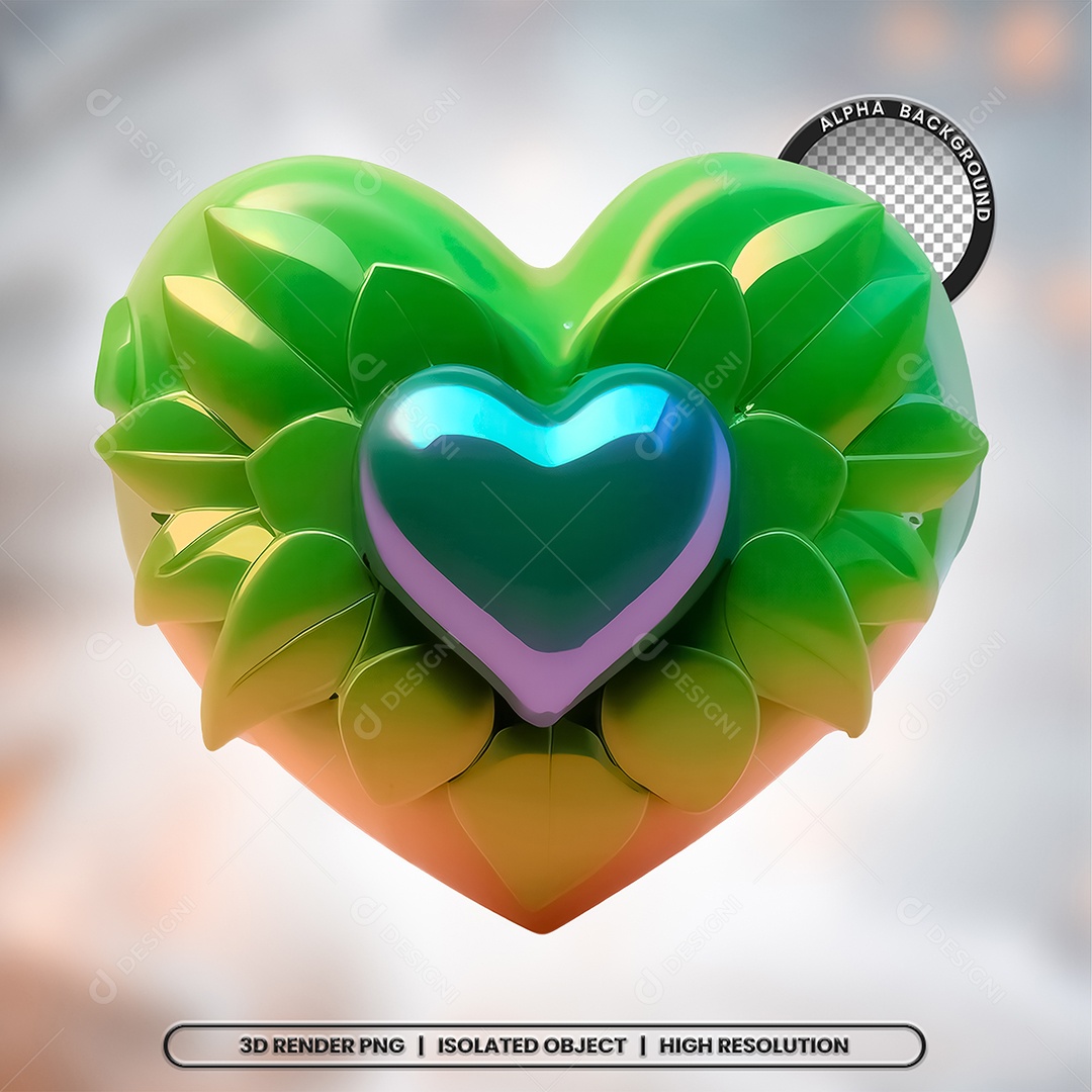 Elemento 3D Coração Com Folhas para Composição PSD