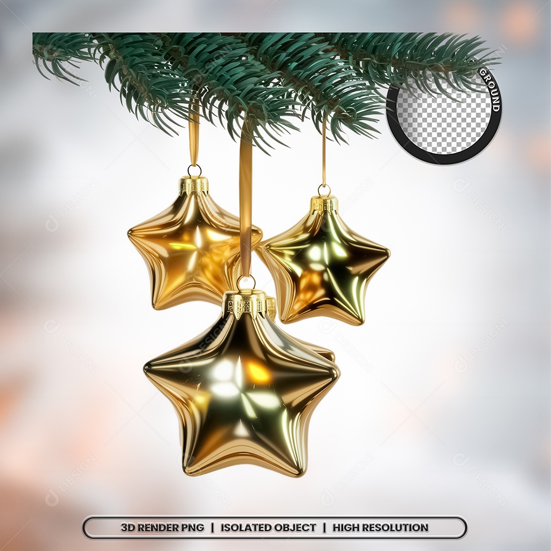 Elemento 3D Estrelas Dourada de Natal para Composição PSD
