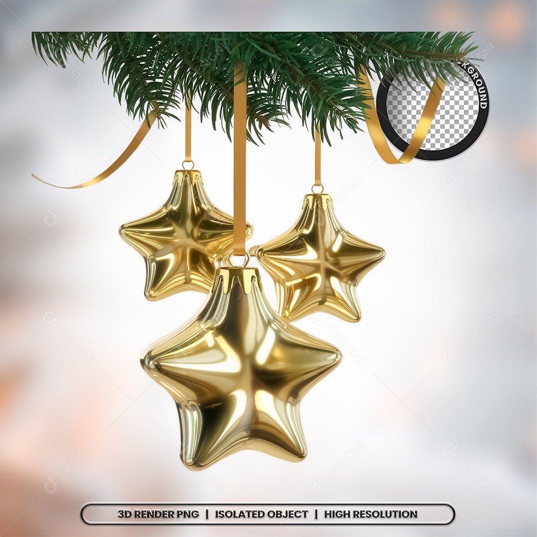 Elemento 3D Estrelas Dourada de Natal para Composição PSD