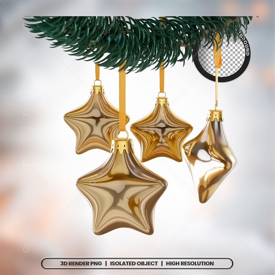 Elemento 3D Estrela Dourada de Natal para Composição PSD