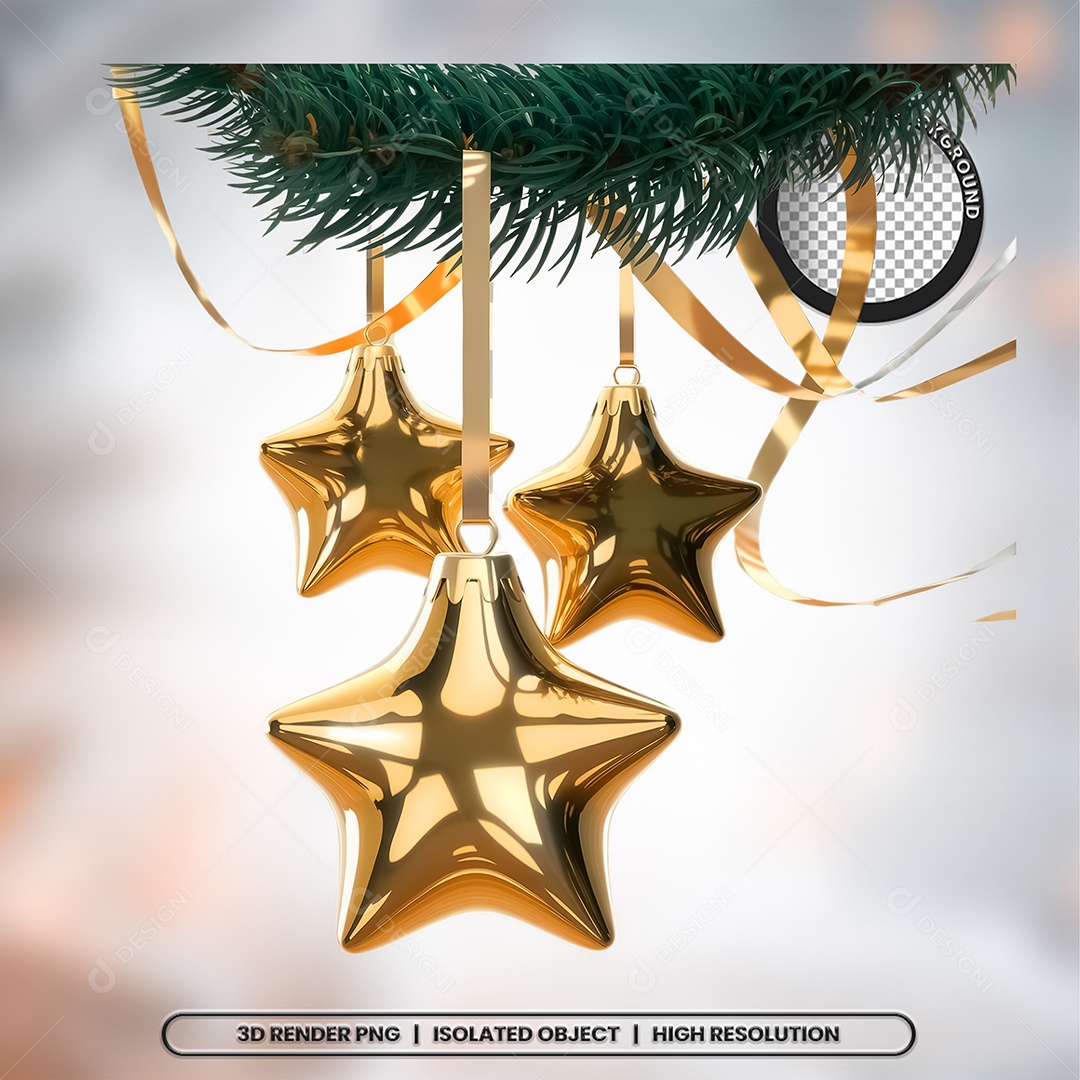 Elemento 3D Estrela Dourada de Natal para Composição PSD