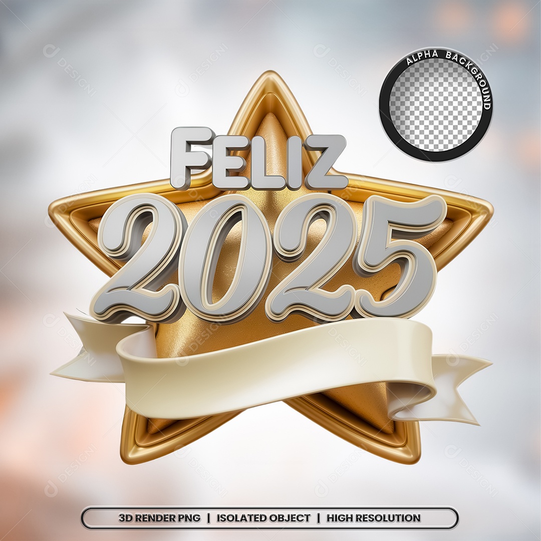 Selo 3D Feliz 2025 para Composição PSD