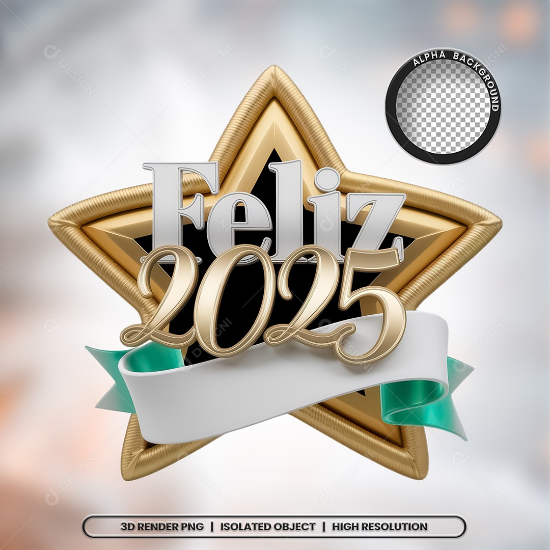 Selo 3D Feliz 2025 para Composição PSD