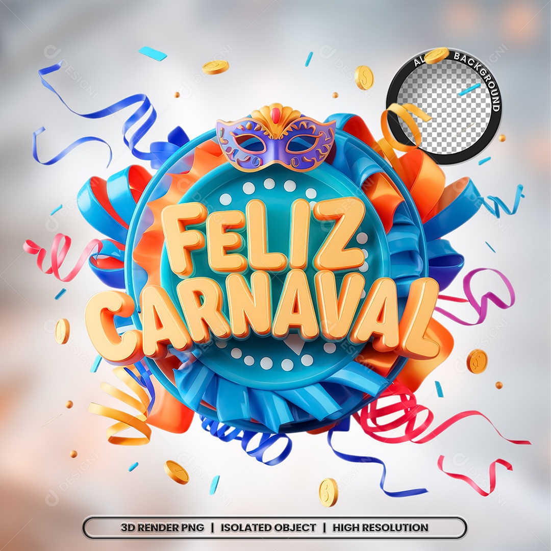 Selo 3D Feliz Carnaval para Composição PSD