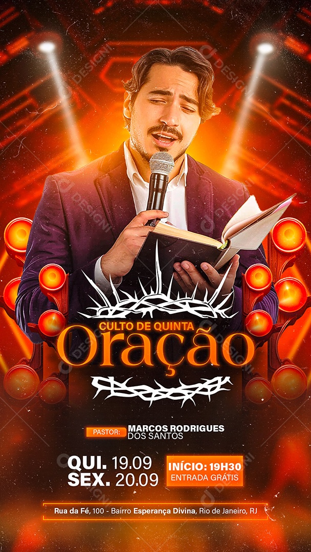 Flyer Story Gospel Culto de Quinta Oração Social Media PSD Editável