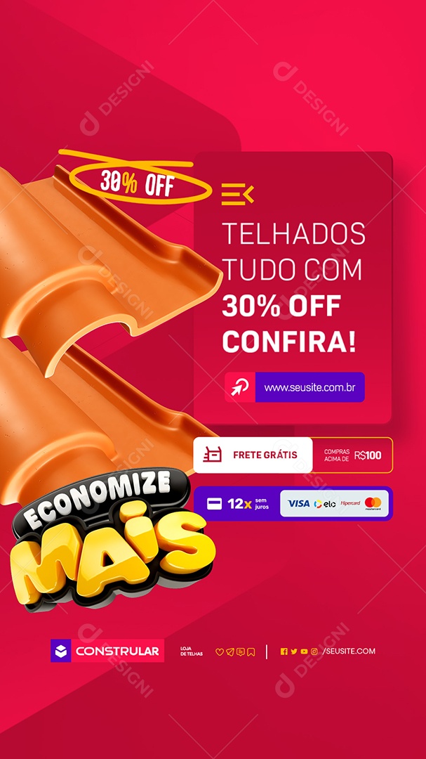 Story Telhas Economize Telhados Tudo com 30% Off Social Media PSD Editável