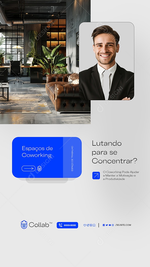 Story Coworking Lutando Para se Concentrar Social Media PSD Editável