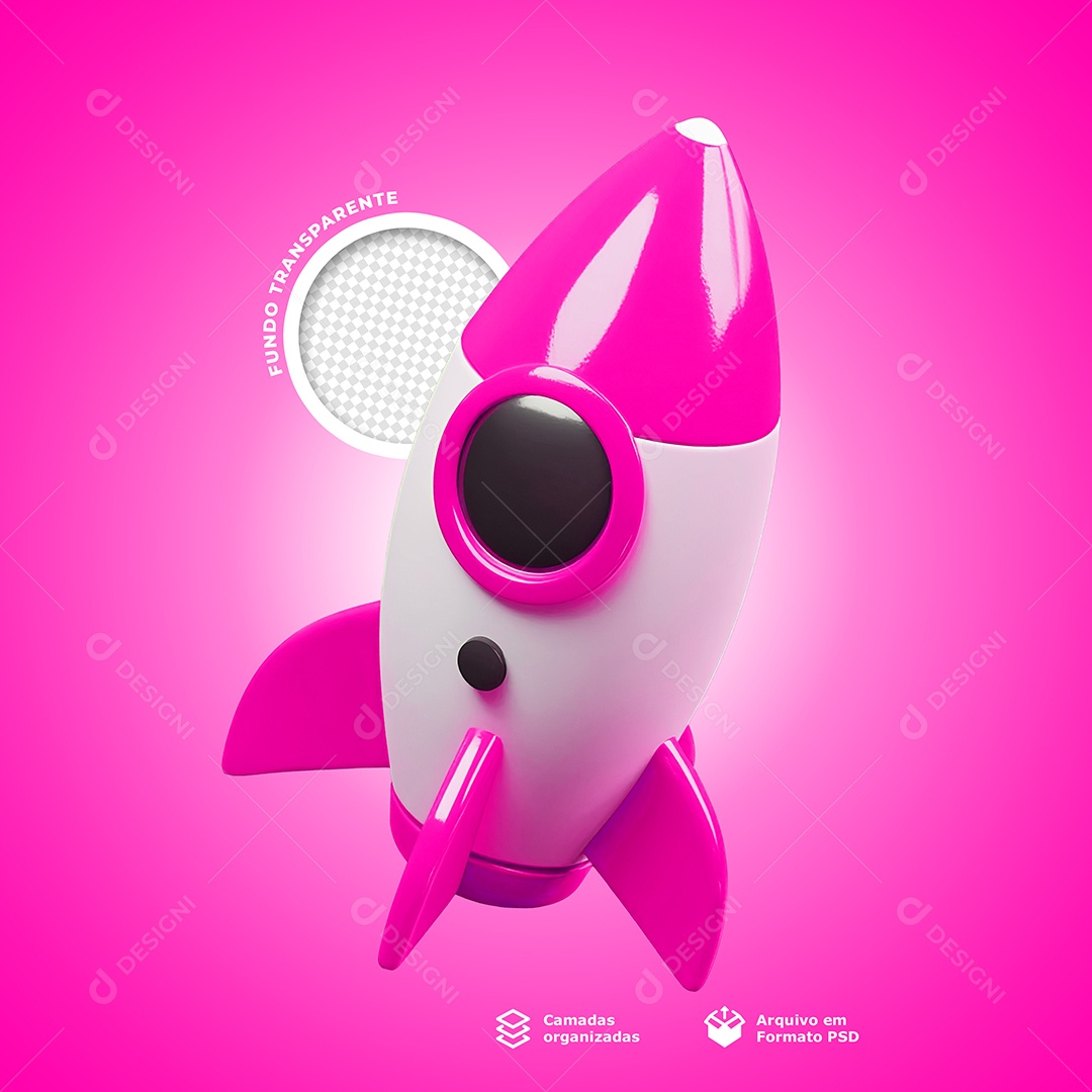 Elemento 3D Foguete Espacial Rosa para Composição PSD