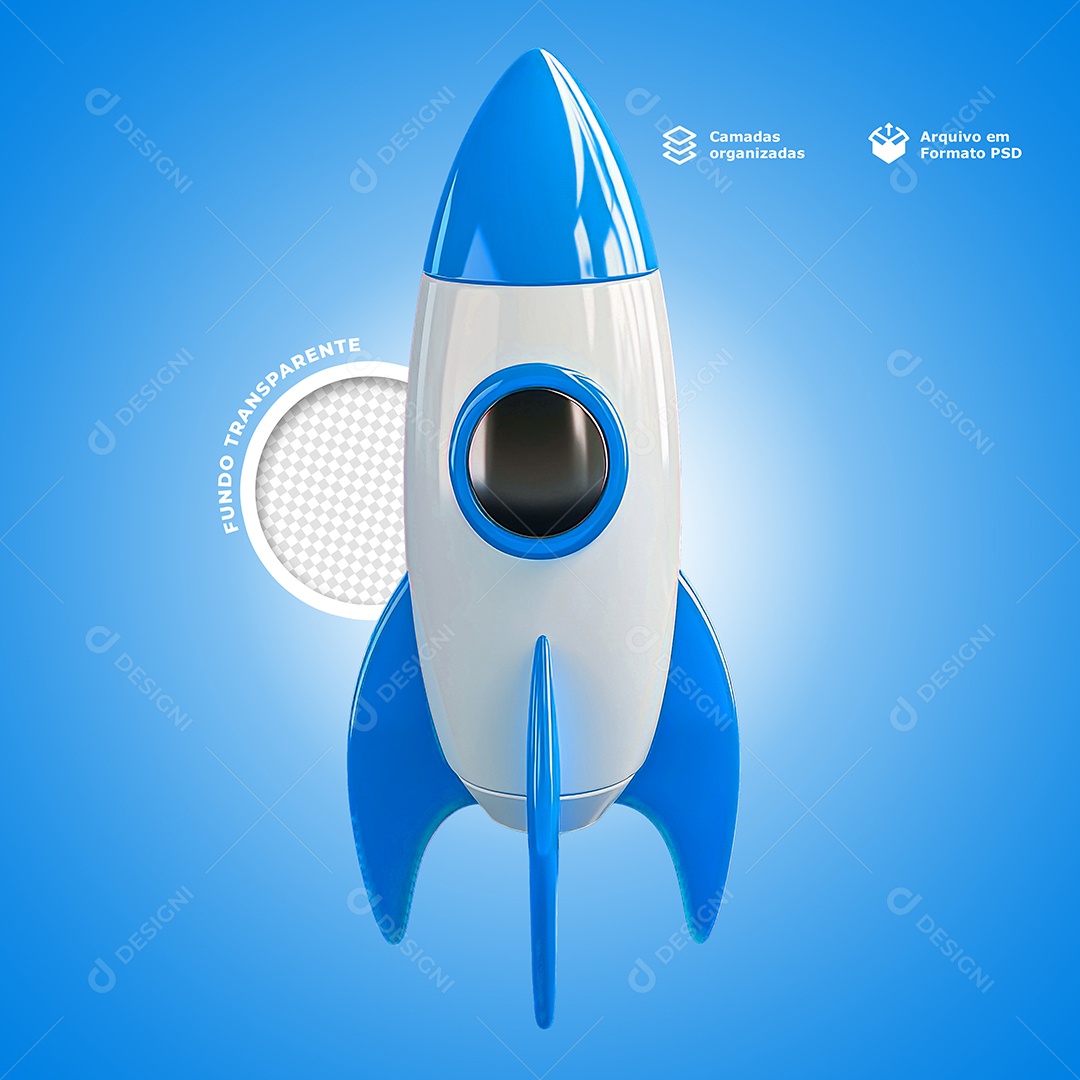 Elemento 3D Foguete Espacial Azul para Composição PSD