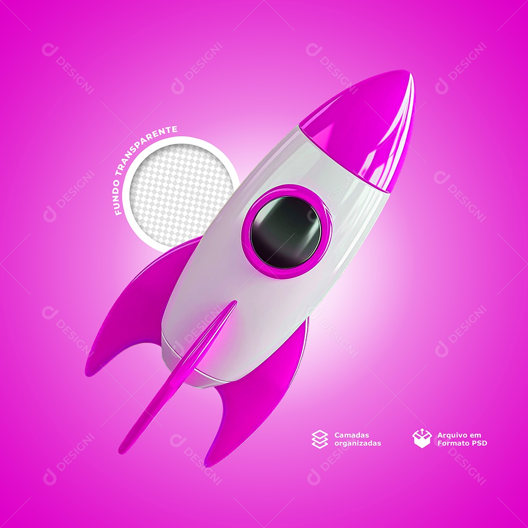 Elemento 3D Foguete Espacial Rosa para Composição PSD