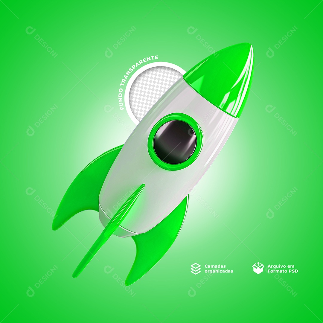 Elemento 3D Foguete Espacial Verde para Composição PSD