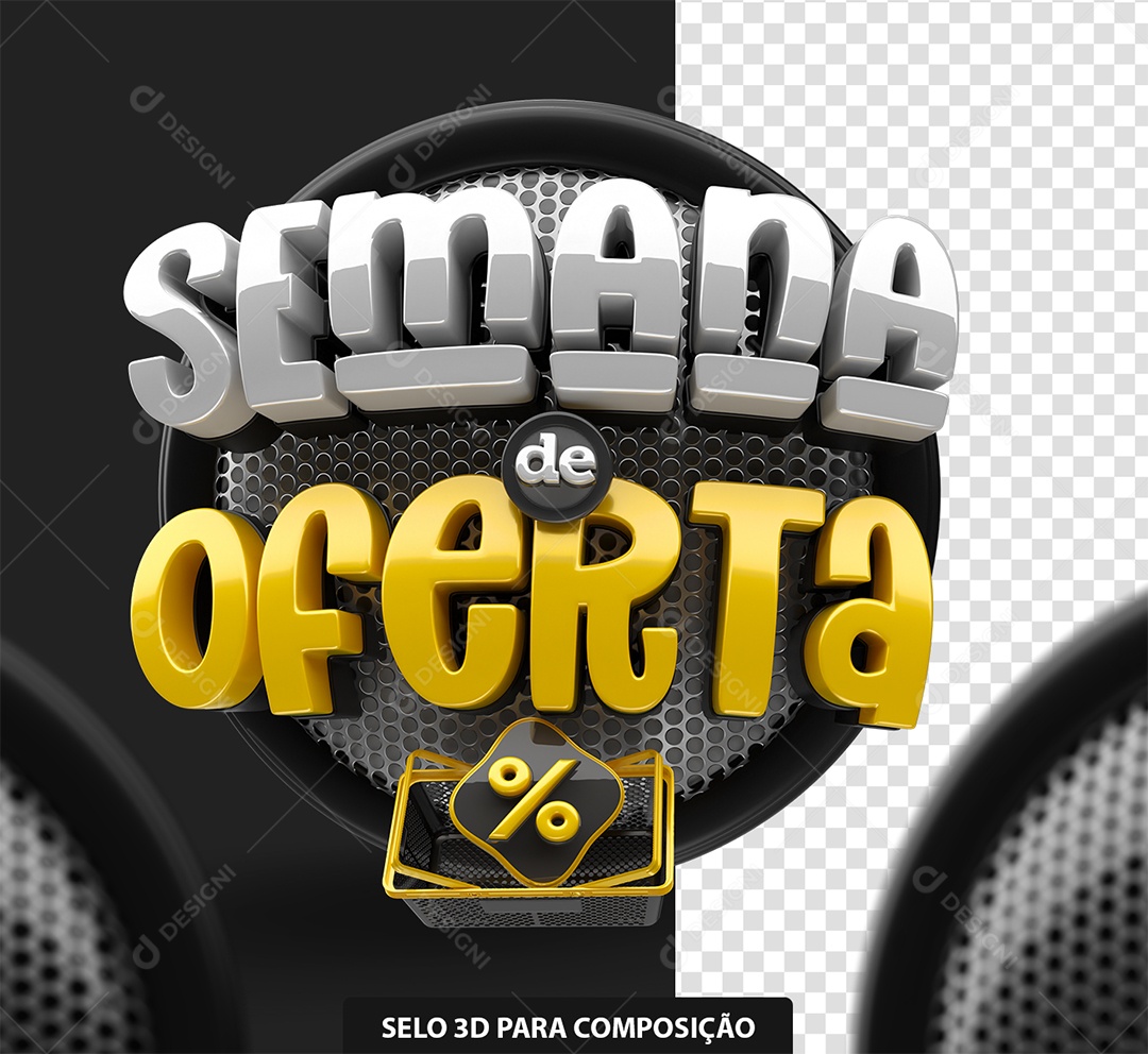 Selo 3D Semana de Oferta Preto Branco e Amarelo para Composição PSD