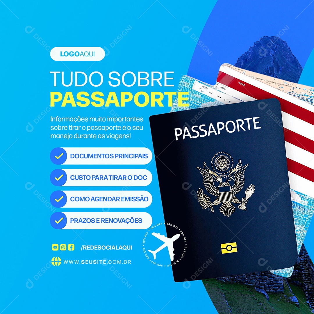 Agência de Viagens Tudo Sobre Passaporte Social Media PSD Editável