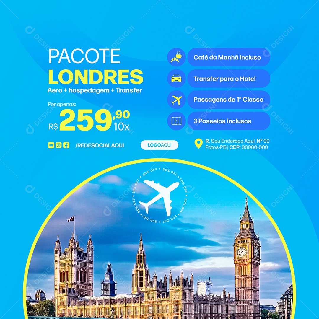 Pacotes de Viagem Agência de Viagens Social Media PSD Editável