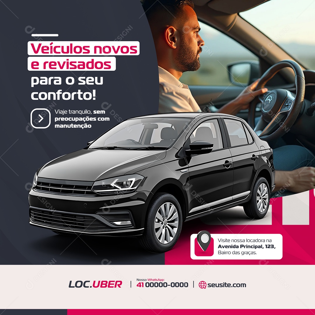 Locadora de Carros Uber Veículos Novos e Revisados Social Media PSD Editável