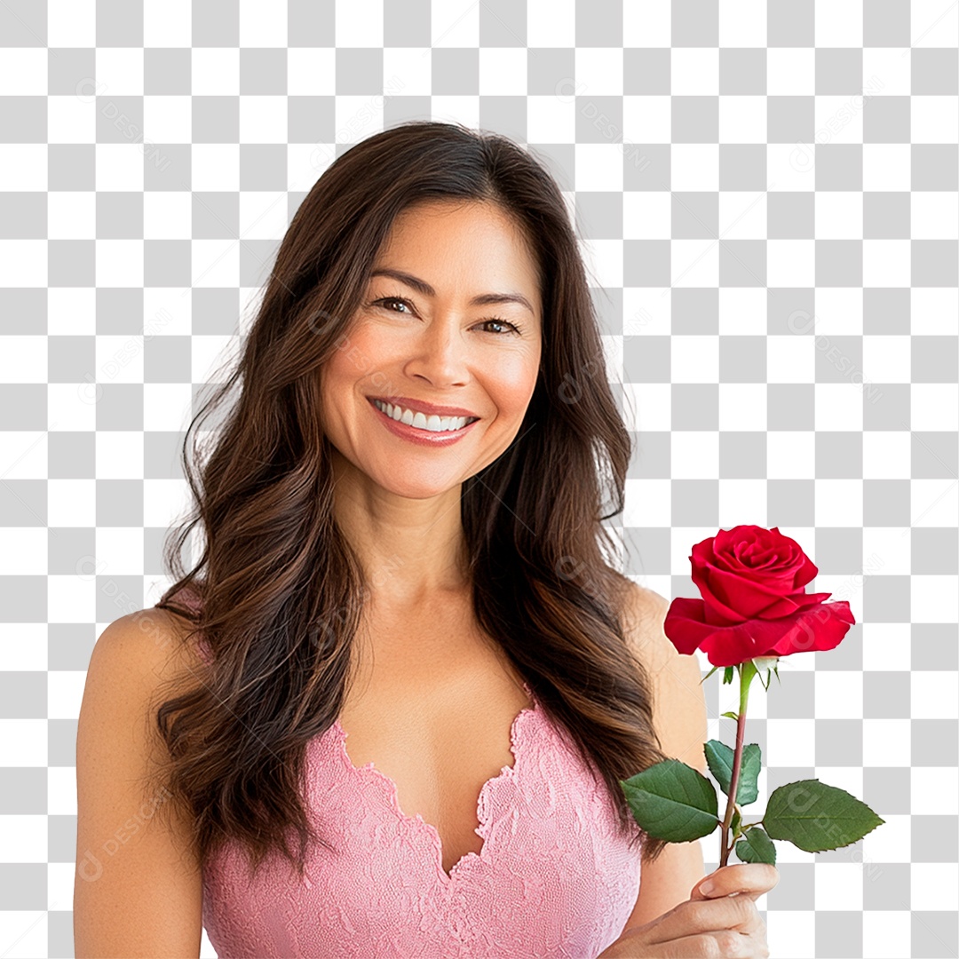 Mulher De 40 Anos Usando Vestidos Rosa e Lilás segurando Rosa