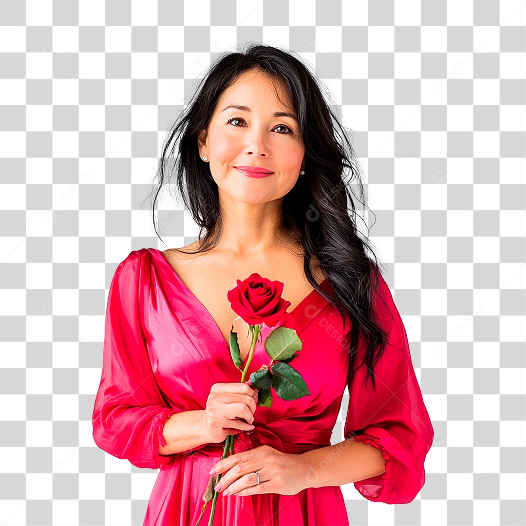 Mulher De 40 Anos Usando Vestidos Vermeho segurando Rosa