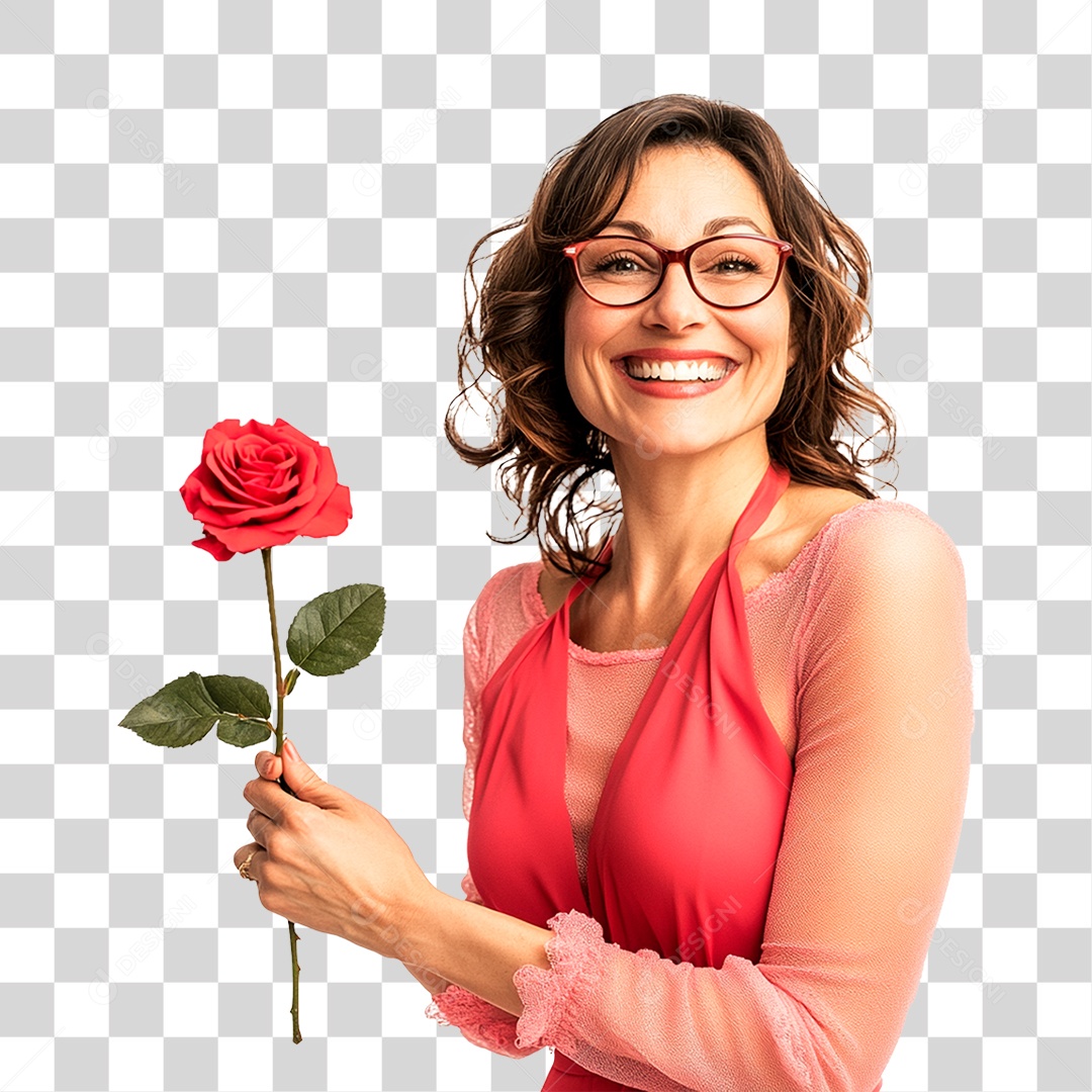 Mulher De 40 Anos Usando Vestidos Rosa segurando Rosa