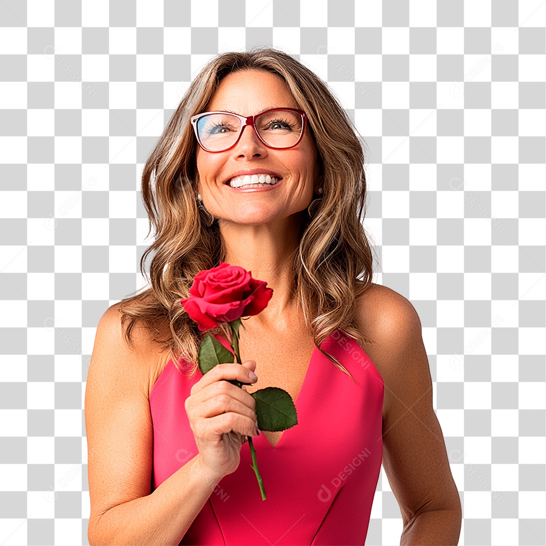 Mulher De 40 Anos Usando Vestidos Rosa e Lilás segurando Rosa