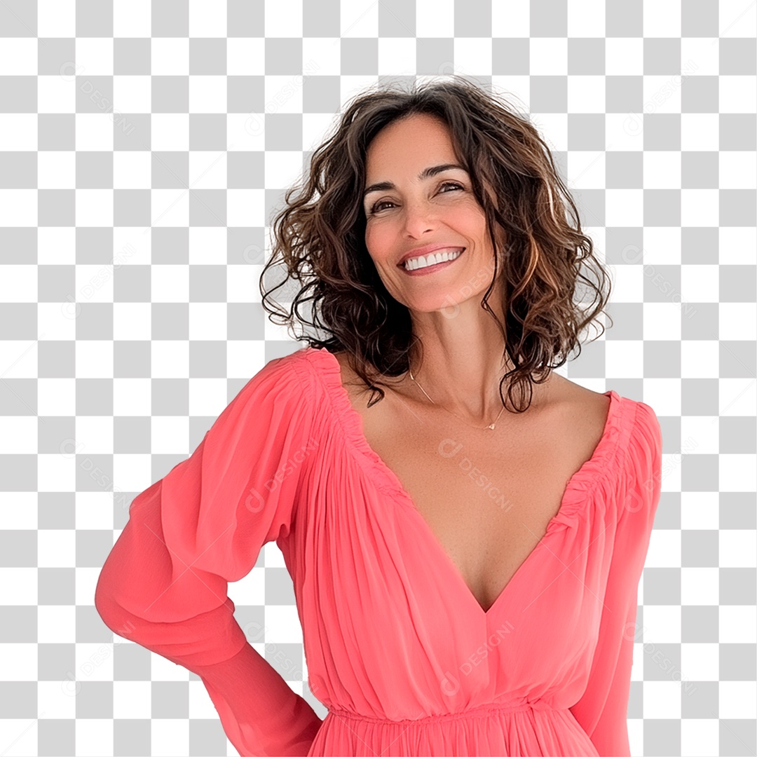 Mulher De 40 Anos Usando Vestidos Rosa e Lilás Sorrindo